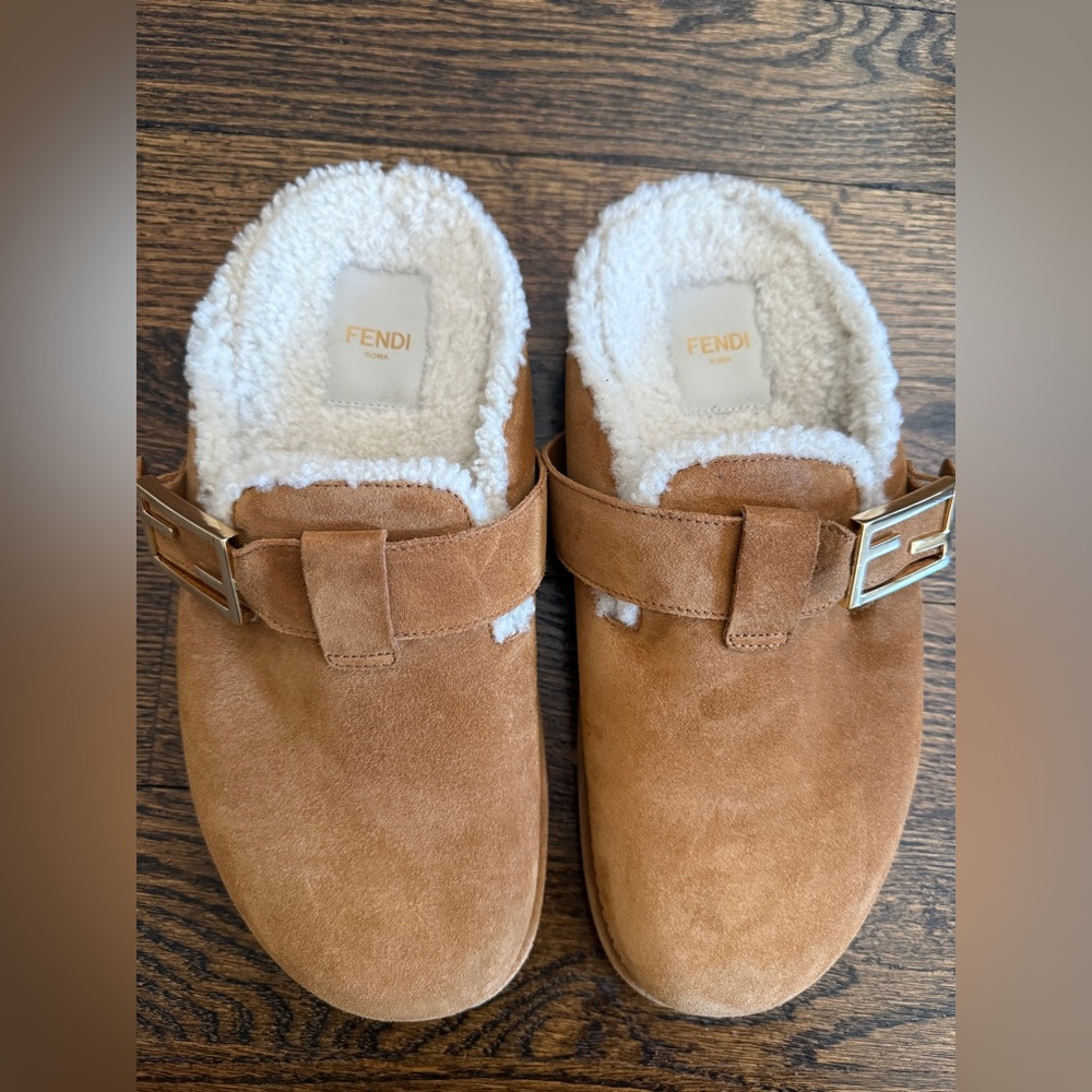 Fendi Brown Suede Shearling Lined Mules - Picture 13 of 15